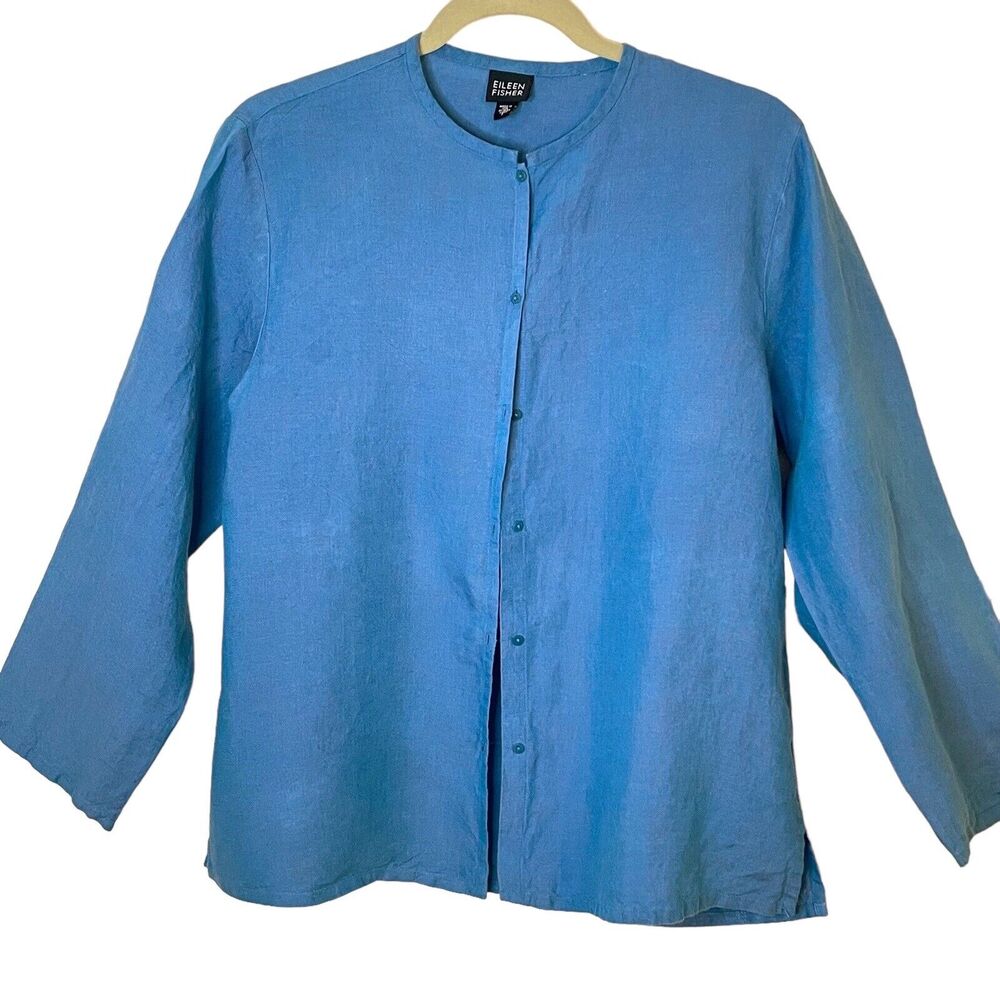 EILEEN FISHER Italian Linen Jacket Size S‎ Mandarin Collar 3/4 Sleeve Turquoise